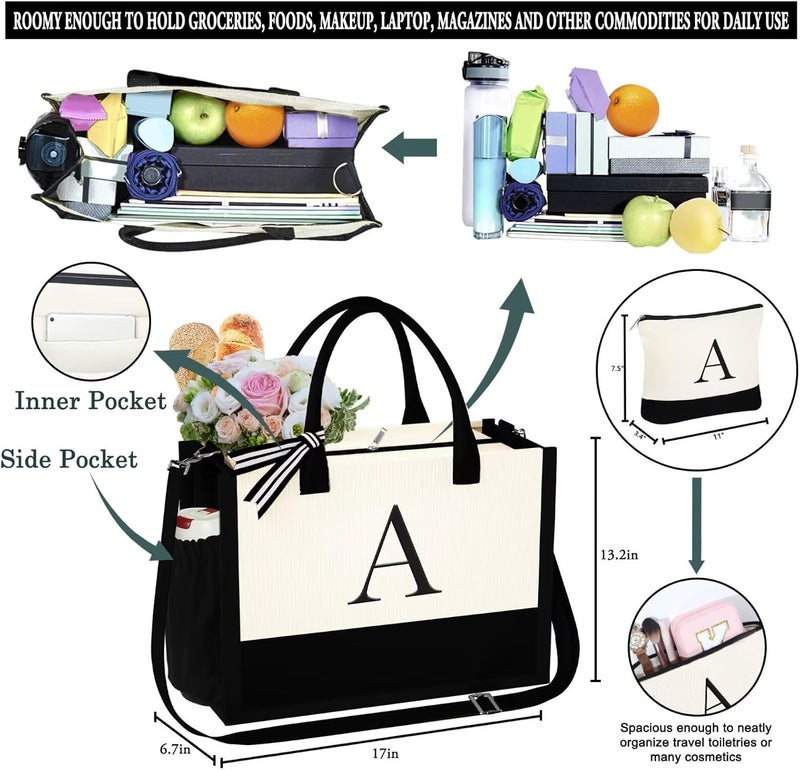 YOOLIFE Valentines Day Gifts for Women - Initial Canvas Tote Bag & Makeup Bag, Birthday Gifts for Women Mom Sister Friends - Image 4
